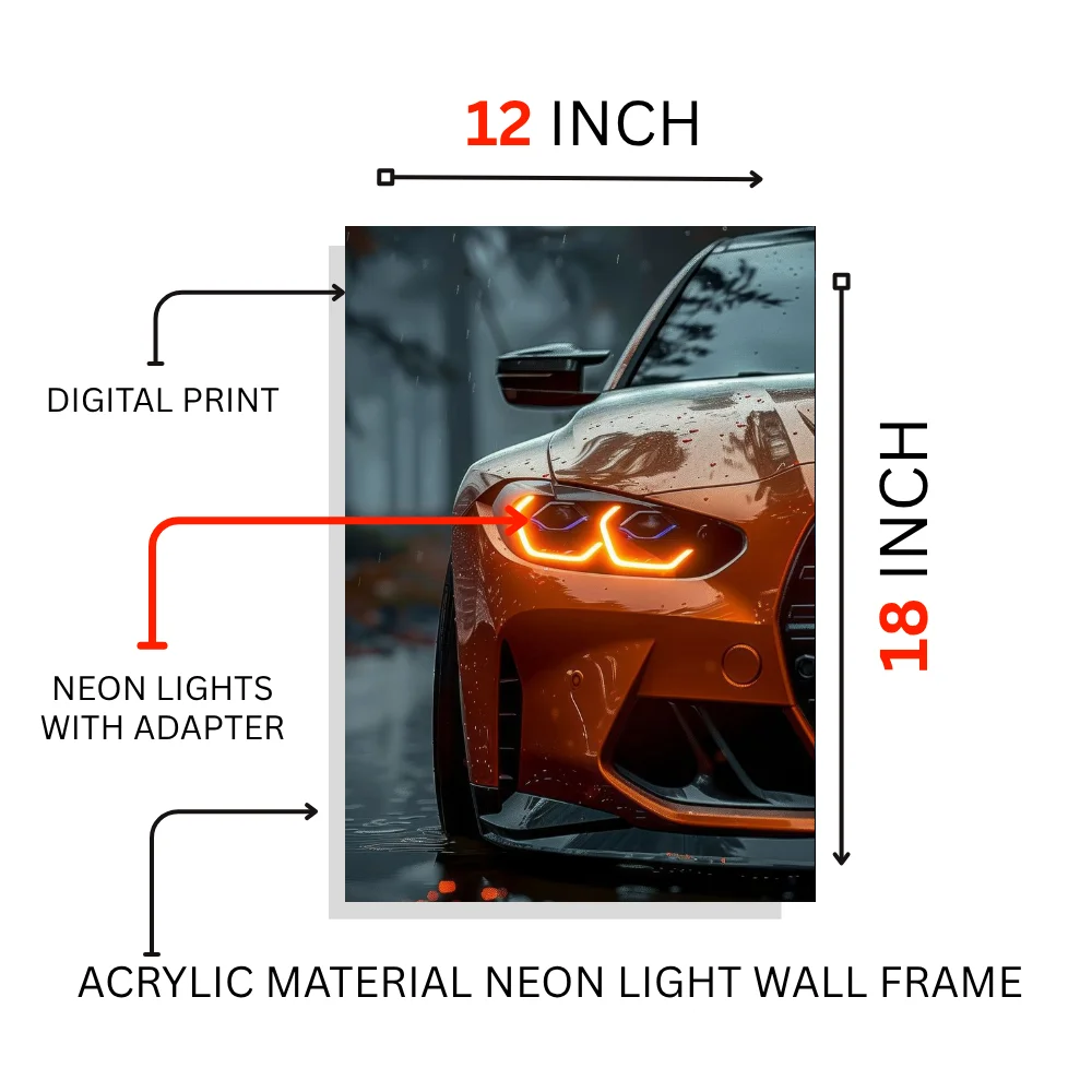 Djane Studio Neon Wall Frame | Acrylic Neon Car Frame for Living Room, Bedroom, Office & Gaming Room | Modern Home Décor | Pack of 1 | Size 12x18 Inch